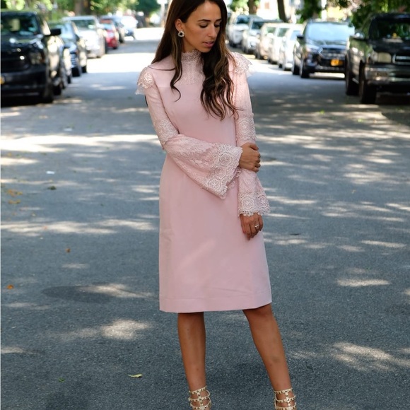 Light Pink Long Sleeve Midi Cocktail Dress with Lace Detail - Picture 6 of 9